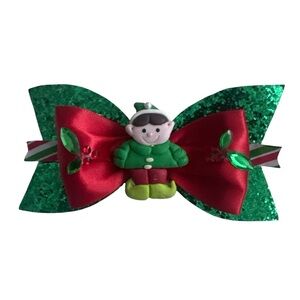 Glittery Green and Red Elf Bow